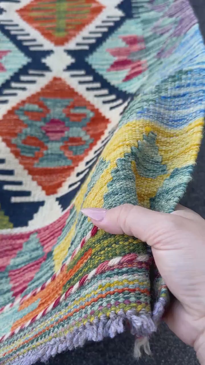 3x4 Handmade Afghan Kilim Rug | Teal Aqua Blue Rust Orange Mustard Yellow Burgundy Pink Olive Green Navy Cream White Charcoal | Flatwoven