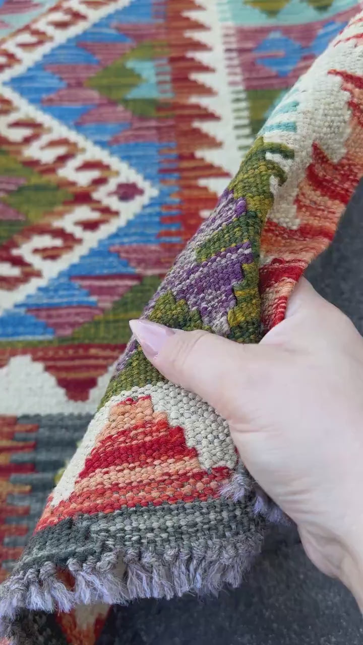 3x4 Handmade Afghan Kilim Rug | Burnt Orange Cream White Mustard Gold Yellow Teal Auburn Red Eggplant Purple Forest Green | Wool Flatwoven