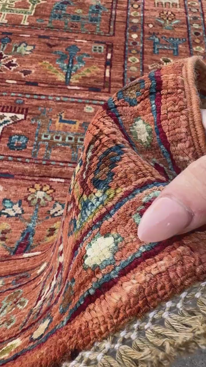 3x7 (78 x 208) Handmade Afghan Rug | Terracotta Burnt Orange Honey Teal  Cream Ivory Olive Green |Wool Persian Gabbeh Knotted Oriental