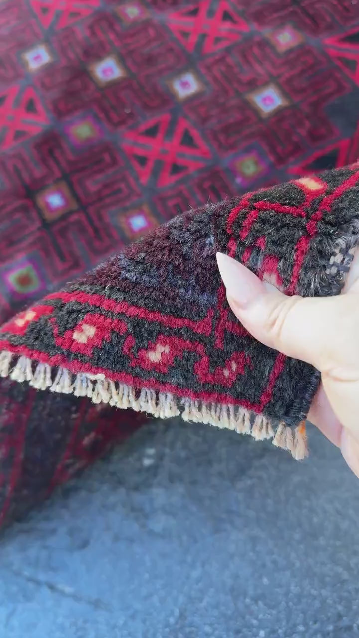 3x4 (91x121) Handmade Vintage Afghan Baluch Rug | Burgundy Wine Crimson Red Mint Green Powder Blue Grey Black Rust Fuchsia Pink White | Wool