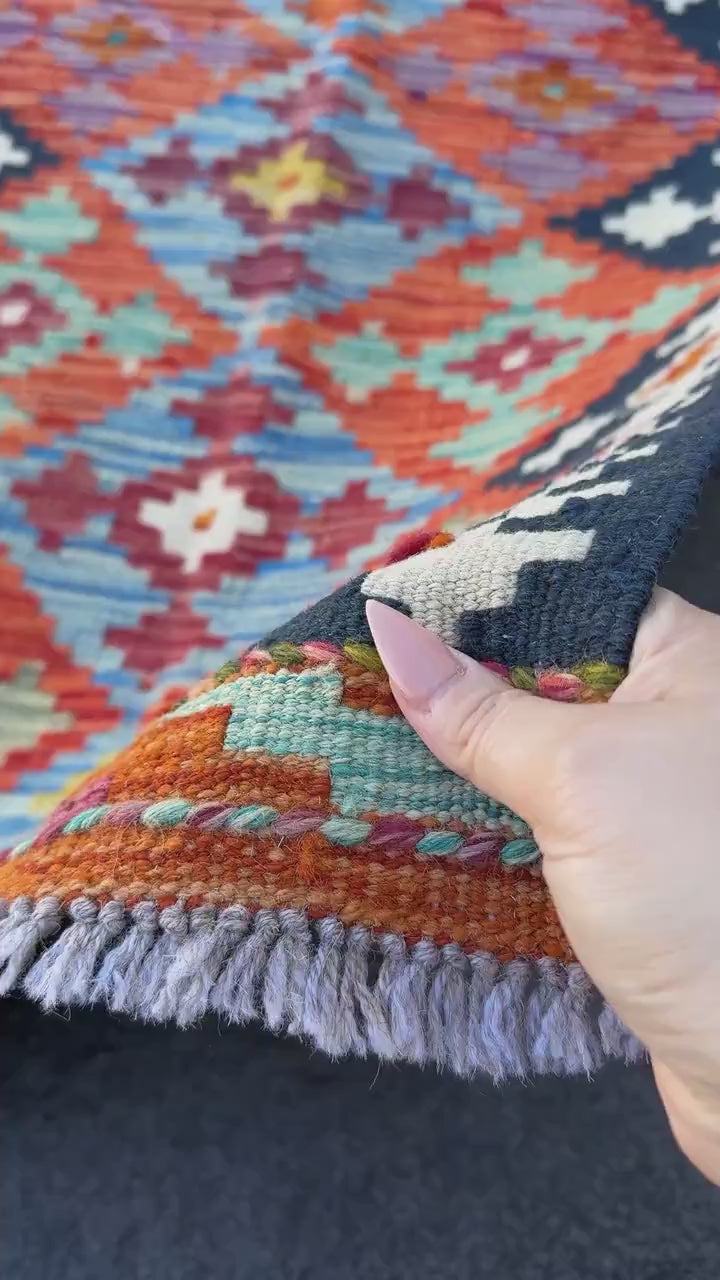 2x5 Handmade Afghan Kilim Runner Rug | Orange Burnt Forest Sage Olive Green Navy Midnight Denim Aqua Blue Red Mustard Purple | Wool