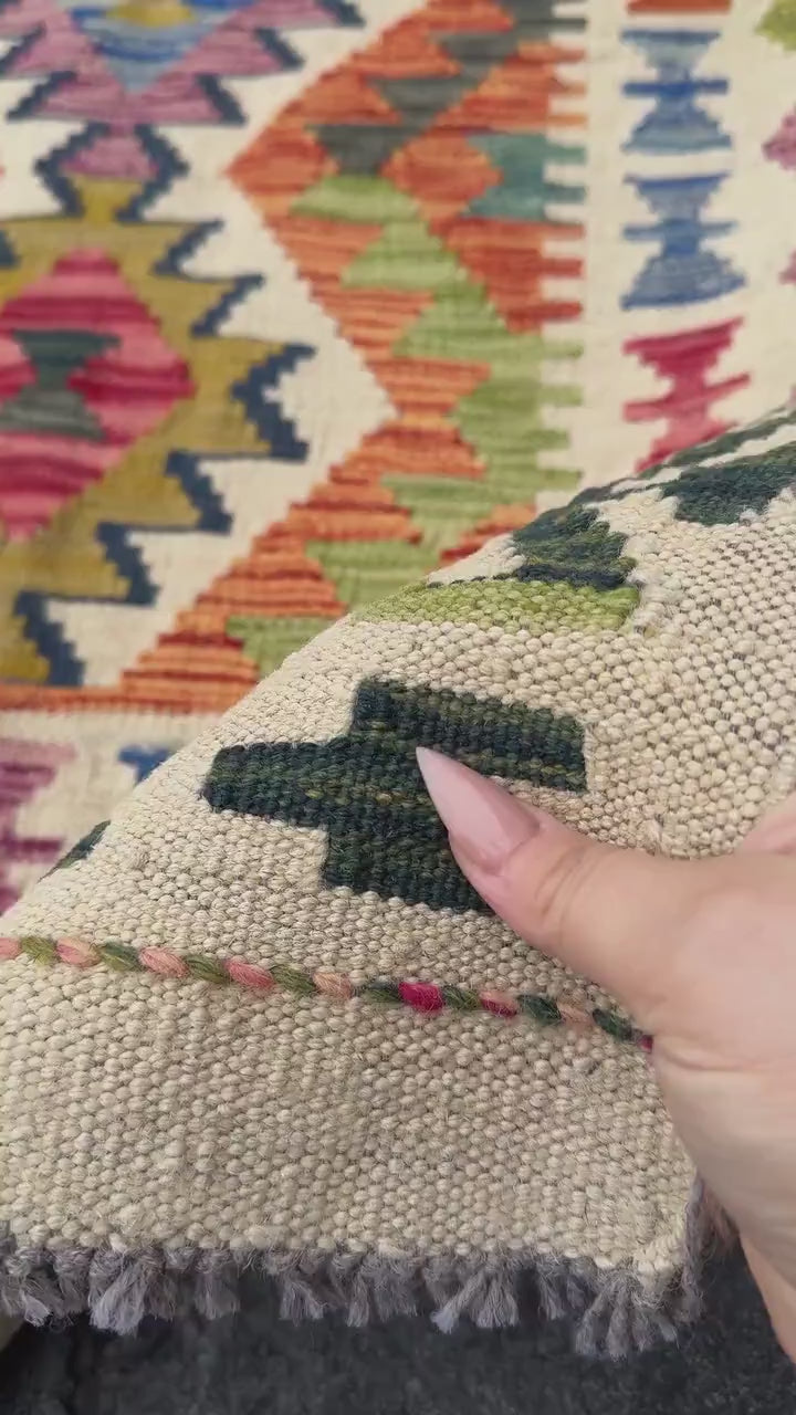 2x5 (61x152) Handmade Afghan Kilim Rug | Cream Forest Lime Chartreuse Green Orange Rose Brick Red Pink Purple Denim Teal Blue Grey | Wool