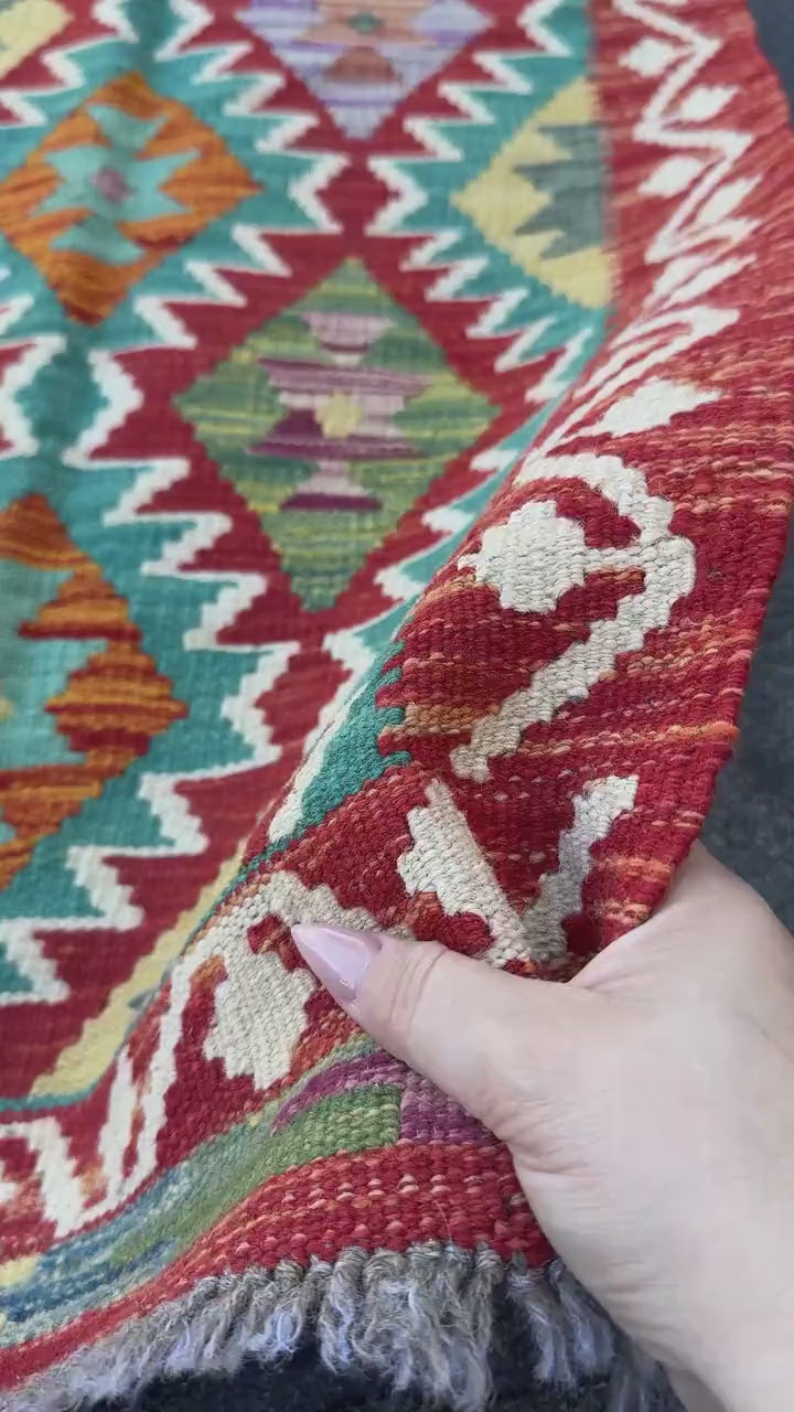 2x7 Handmade Afghan Kilim Runner Rug | Cream White Aqua Teal Sky Blue Burnt Orange Brick Red Pink Mustard Olive Burgundy Forest Green | Wool