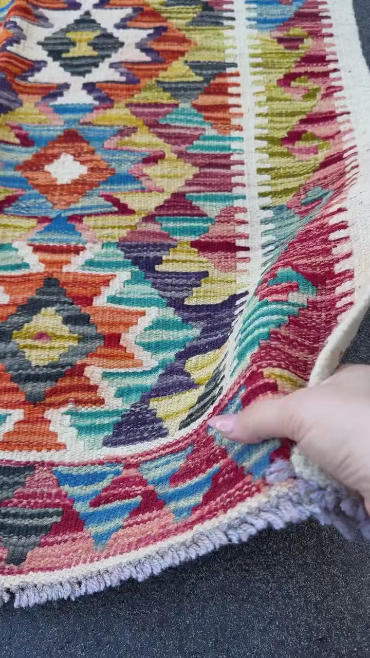 3x4 Handmade Afghan Kilim Rug | Cream White Charcoal Grey Aqua Teal Eggplant Purple Burnt Orange Rust Red Mustard Yellow | Wool Flatwoven