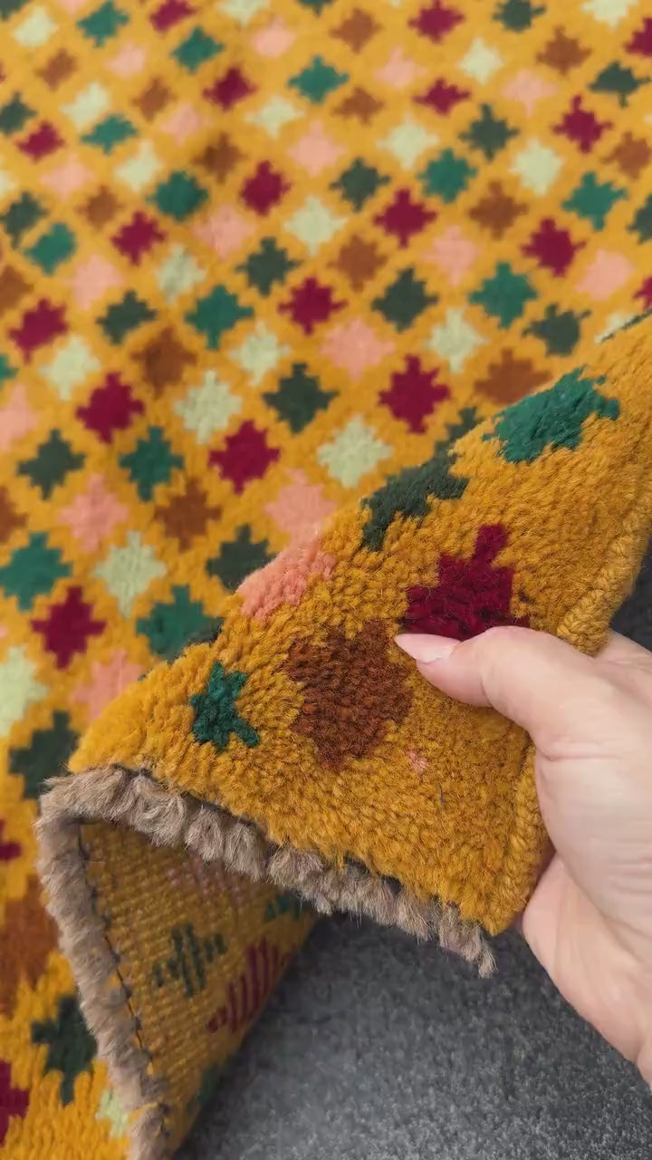 2x3 Handmade Vintage Afghan Baluch Rug | Mustard Yellow Rust Red Forest Pine Mint Green Copper Brown Peach Pink | Wool Nursery Rug