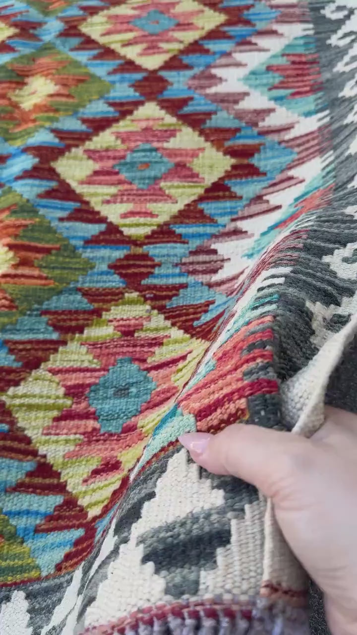 3x4 Handmade Afghan Kilim Rug | Rust Red Burnt Orange Mustard Yellow Olive Green Teal Aqua Blue Cream White Grey | Wool Flatwoven