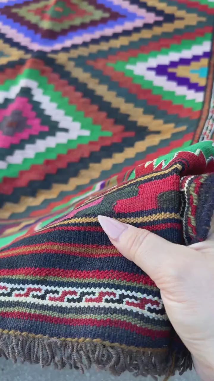 3x5 Handmade Afghan Kilim Rug | Emerald Pine Forest Moss Green White Blood Red Black Pink Caramel Mustard Yellow Black Purple Aqua Grey Wool