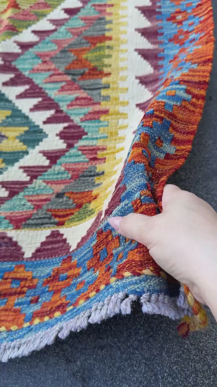 3x5 (91x152) Handmade Afghan Kilim Rug | Rust Red Burnt Orange Cream White Mustard Yellow Olive Green Teal Aqua Blue Navy Purple Grey | Wool