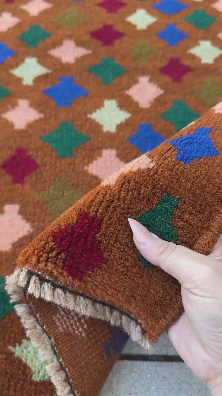 4x6 Handmade Vintage Afghan Baluch Rug | Copper Chocolate Brown Forest Olive Mint Green Brick Red Navy Blue Salmon Pink Peach | Wool