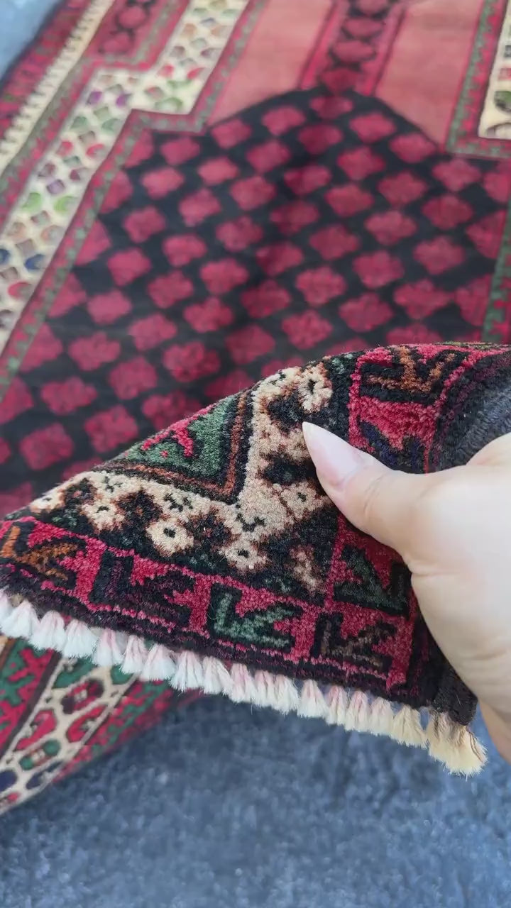 3x5 (91x152) Handmade Vintage Afghan Baluch Rug | Blood Brick Garnet Red Cream Sand Brown Forest Green Black Midnight Blue Wool Traditional