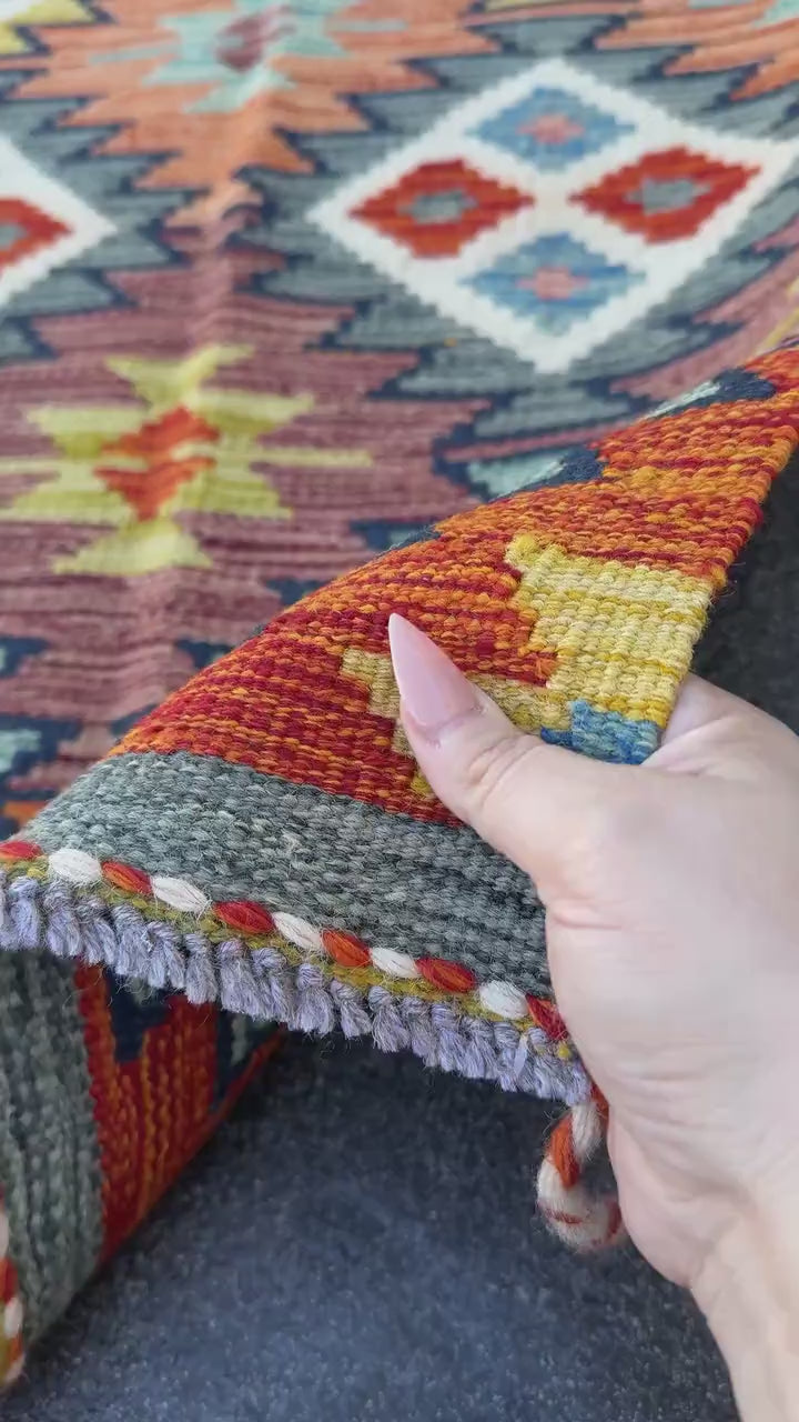 2x5 Handmade Afghan Kilim Runner Rug | Burnt Peach Orange Olive Forest Green Denim Powder Baby Prussian Navy Blue Yellow Maroon Cream | Wool