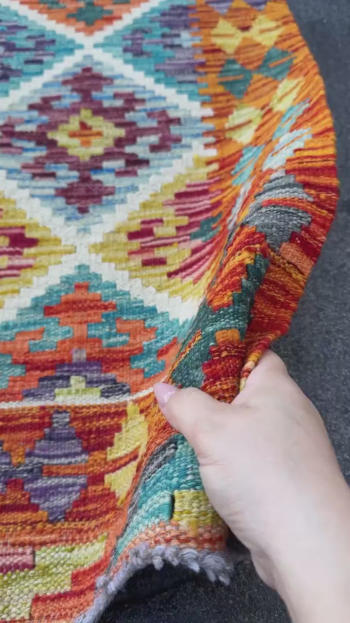 3x4  Handmade Afghan Kilim Rug | Burnt Orange Yellow Chartreuse Aqua Teal Sky Blue Denim Cream White Burgundy Plum Lavender | Wool Flatwoven