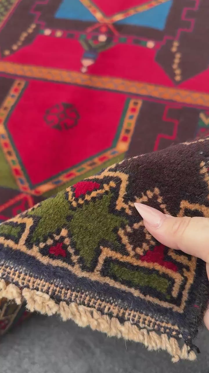 3x5 (91x152) Handmade Vintage Afghan Baluch Rug | Crimson Scarlet Red Rust Orange Moss Olive Forest Green Plum Denim Blue Cream Sand Brown