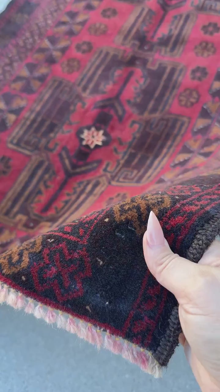 3x5 (91x152) Handmade Vintage Afghan Baluch Rug | Crimson Garnet Maroon Wine Red Black Rust Orange White Caramel Brown | Wool Traditional