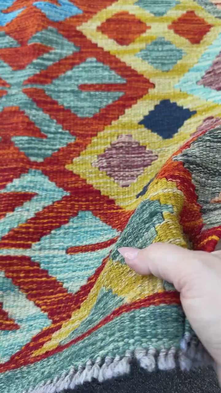 2x5 Handmade Afghan Kilim Runner Rug | Burnt Orange Mustard Yellow Teal Denim Midnight Blue Aqua Chocolate Brown Grey | Wool Flatwoven