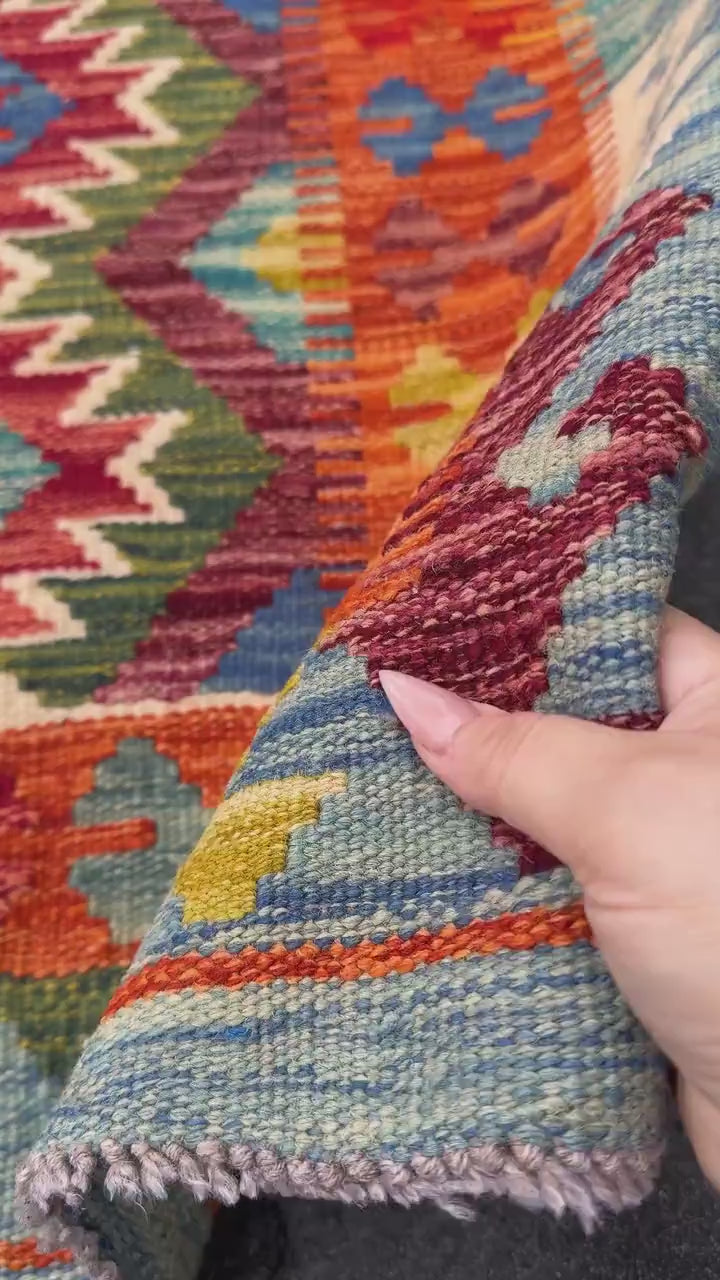 3x5 Handmade Afghan Kilim Rug | Orange Auburn Burgundy Crimson Red Forest Olive Green Denim Royal Blue Mustard Yellow Cream | Wool Flatweave