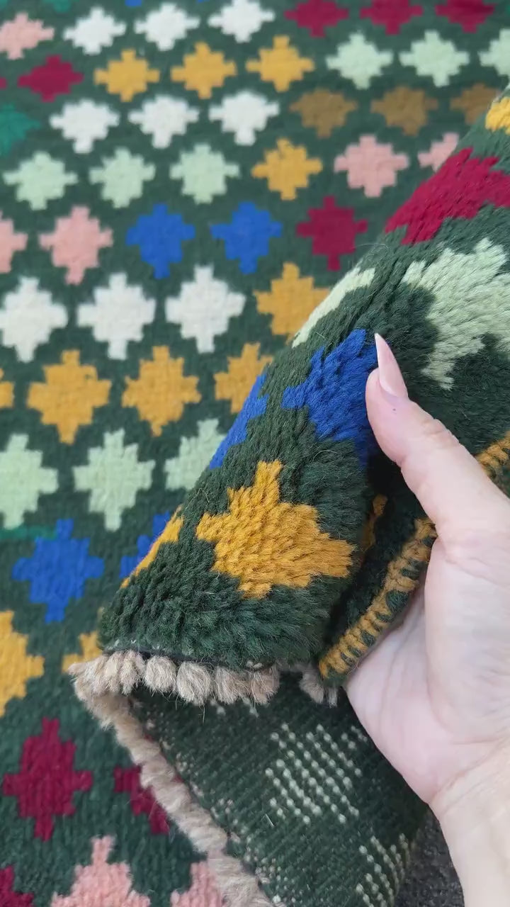 4x6 Handmade Vintage Afghan Baluch Rug | Forest Pine Mint Olive Green Navy Blue Mustard Gold Black Brick Red White Salmon Pink Peach | Wool