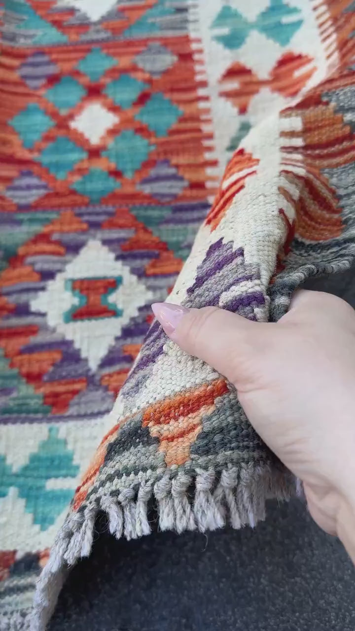 3x4 Handmade Afghan Kilim Rug | Cream White Rust Red Teal Aqua Blue Purple Grey Charcoal Grey Green | Wool Flatwoven