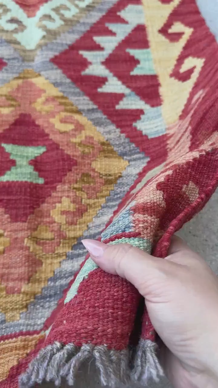 2x3 Handmade Afghan Kilim Rug | Blood Red Mustard Yellow Gold Aqua Teal Mint Green Grey Rust Orange | Wool Flatwoven