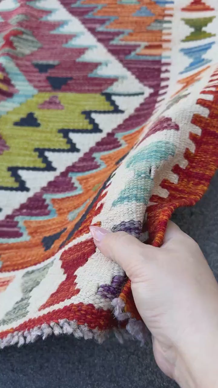 3x5 (91x152) Handmade Afghan Kilim Rug | Cream White Maroon Blood Red Aqua Teal Olive Green Black Charcoal Grey Mustard Yellow | Wool
