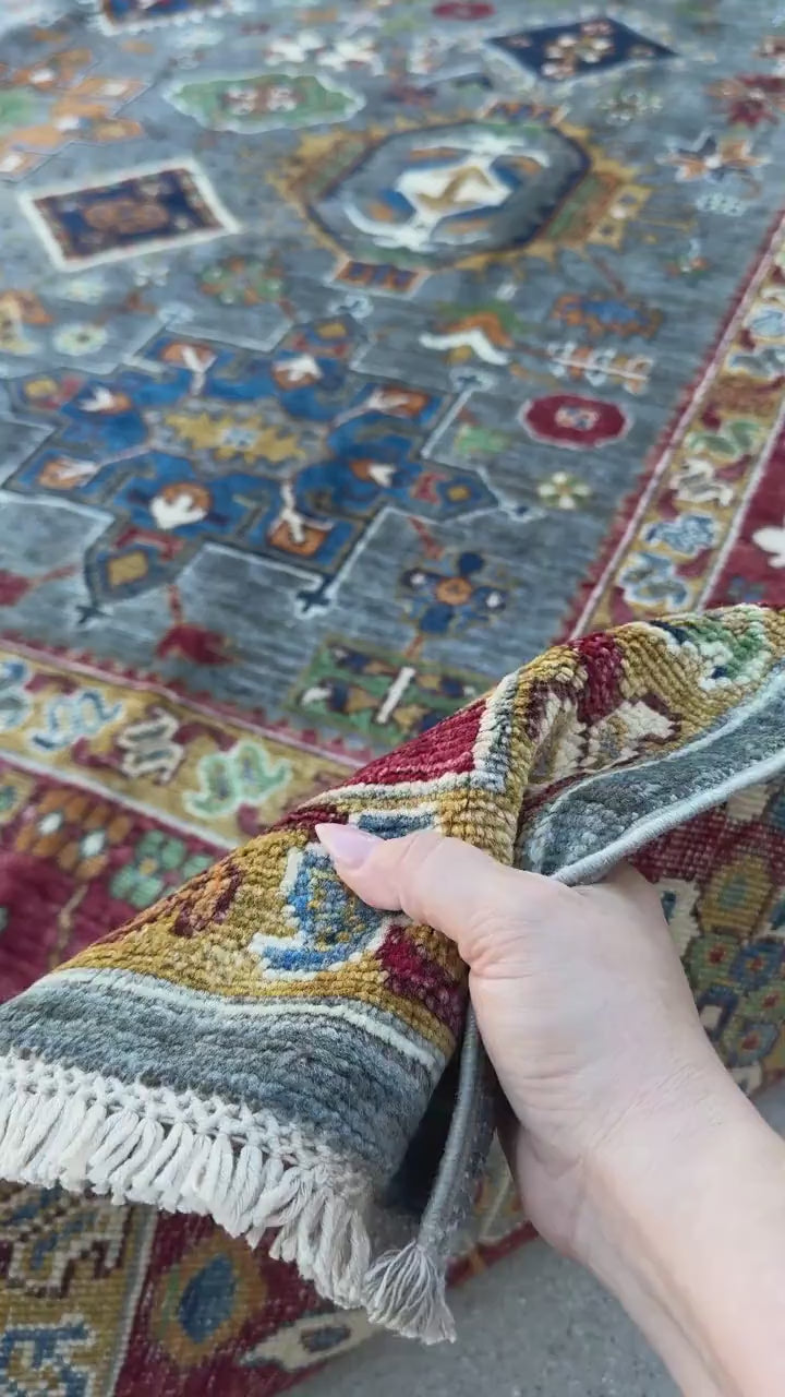 9x13 Handmade Afghan Wool Rug | Blue Red Geometric Area Rug | Hand-Knotted Traditional Afghan Rug