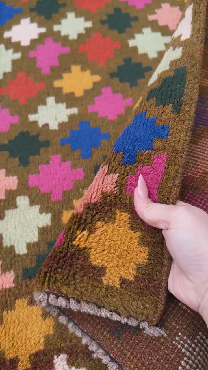 4x6 Handmade Vintage Afghan Baluch Rug | Olive Pine Green Mustard Yellow Rust Red Cream Peach Rose Pink Navy Blue Burnt Orange | Wool