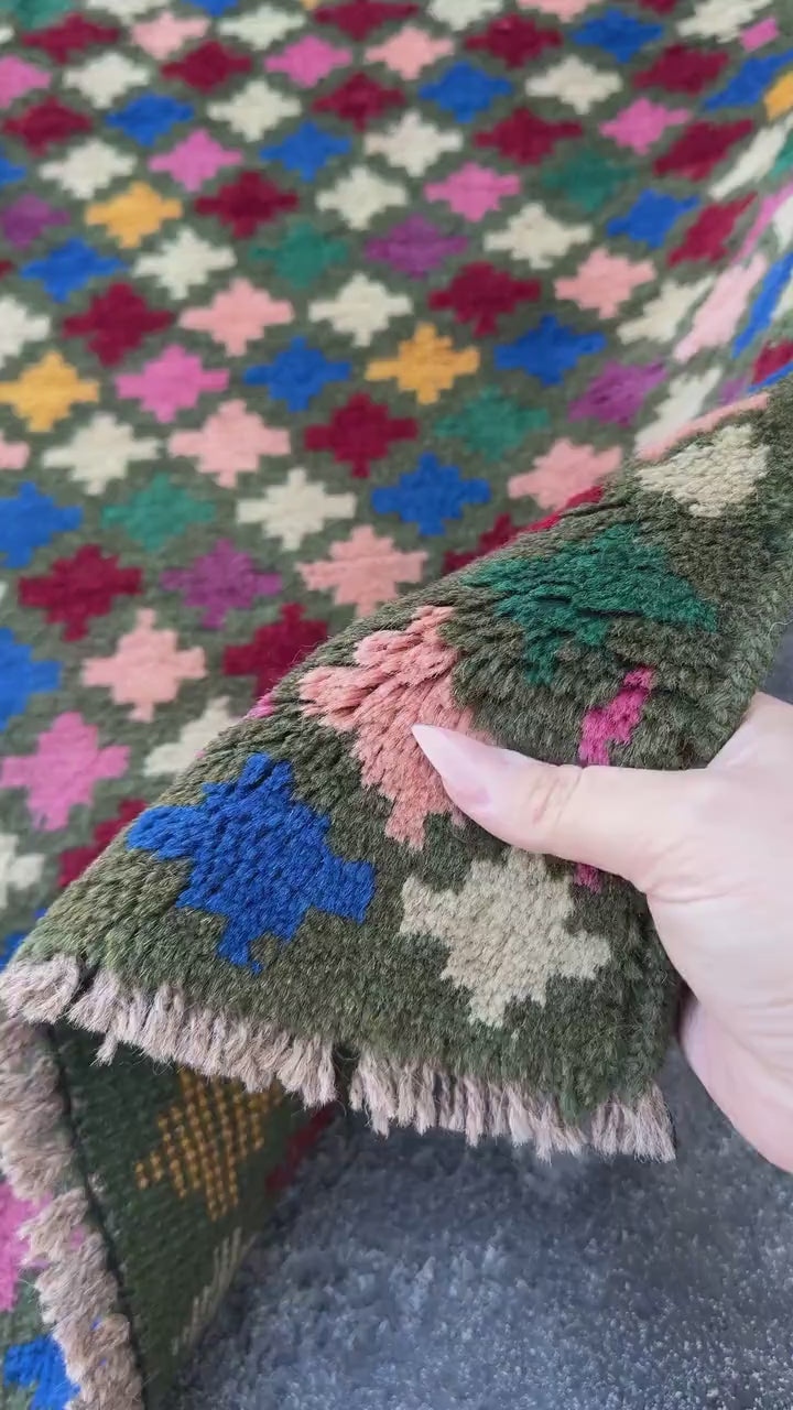 3x5 Handmade Vintage Afghan Baluch Rug | Charcoal Grey Brick Red Rose Salmon Pink Peach Mustard Yellow Navy Blue Forest Green White Purple