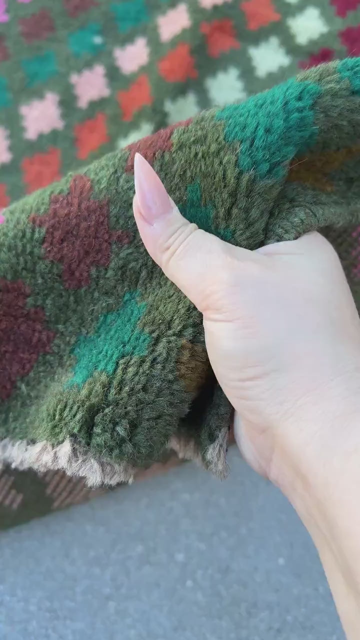 7x10 (215x305) Handmade Vintage Afghan Baluch Rug | Olive Green Burgundy Pink Coral Burnt Orange Cream White Mustard Yellow Teal Aqua Blue