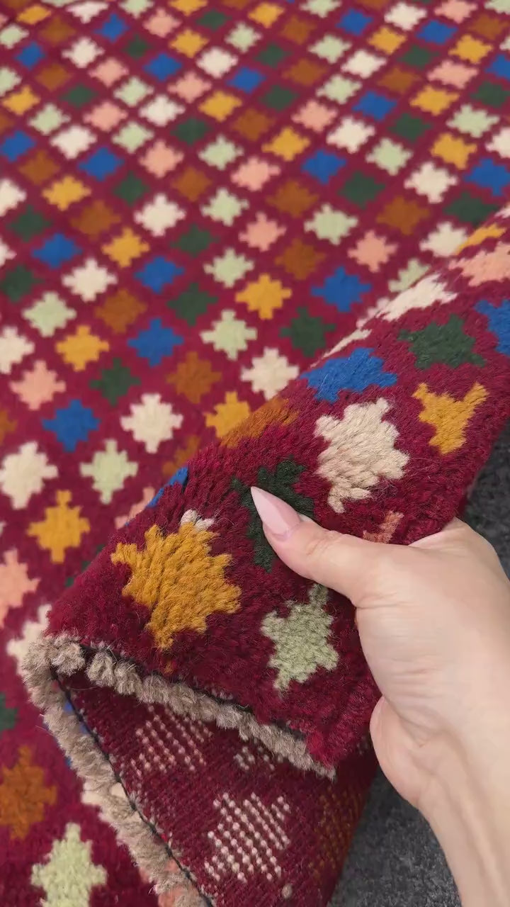 4x6 Handmade Vintage Afghan Baluch Rug | Brick Red Mint Green Chocolate Brown Cream White Salmon Pink Peach Black Navy Blue Mustard Gold