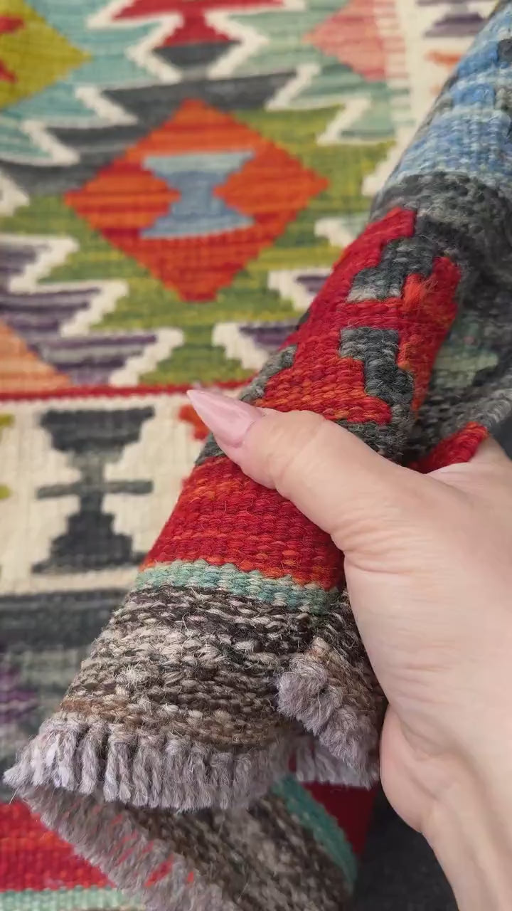 3x5 (91x152) Handmade Afghan Kilim Rug | Black Grey Cream Scarlet Red Denim Aqua Blue Pine Moss Chartreuse Green Burnt Peach Coral Orange