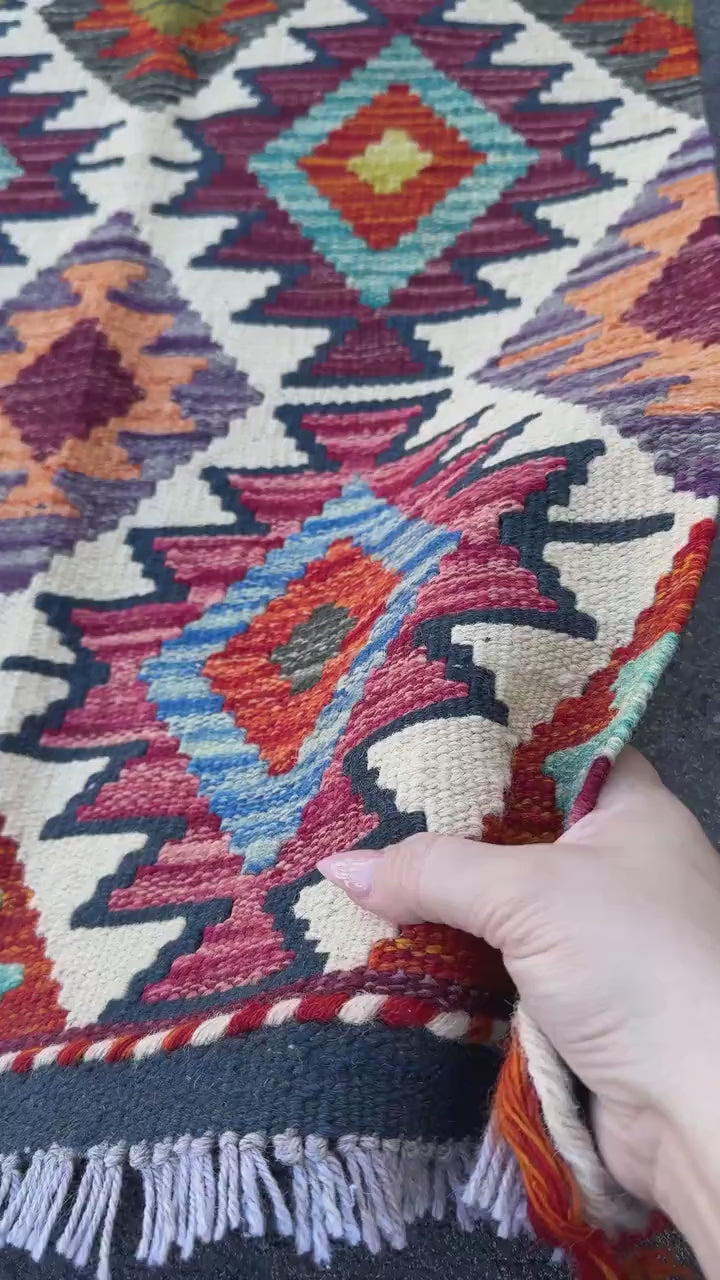 2x5 Handmade Afghan Kilim Runner Rug | Rust Red Burnt Orange Cream White Mustard Yellow Olive Green Teal Aqua Blue Navy Purple Grey | Wool