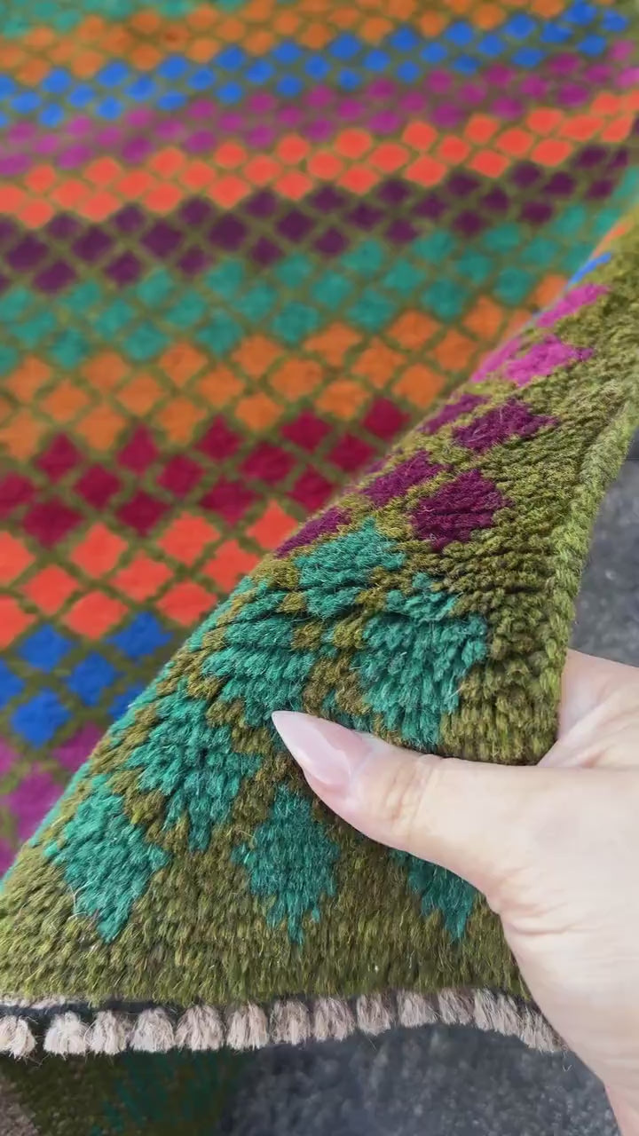 3x5 Handmade Vintage Afghan Baluch Rug | Olive Forest Green Burnt Orange Brick Red Rose Pink Eggplant Purple Magenta | Wool Flatwoven