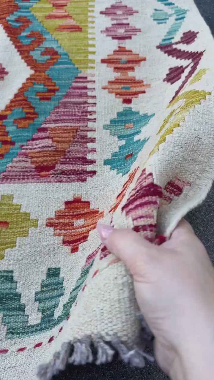 3x5 Handmade Afghan Kilim Rug | Cream White Mustard Chartreuse Aqua Teal Sky Blue Burnt Orange Brick Red Burgundy Lavender | Wool Flatwoven