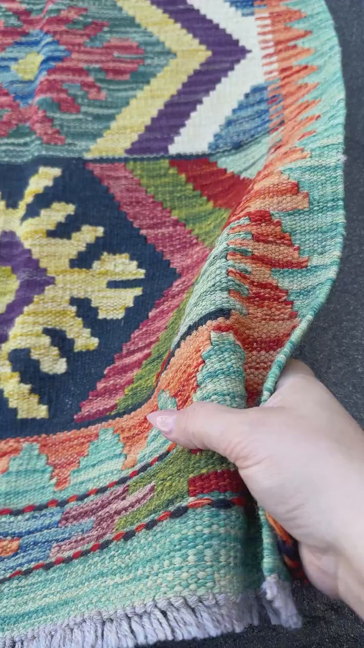 2x5 Handmade Afghan Kilim Runner Rug | Teal Eggplant Purple Midnight Blue Olive Forest Green Orange Cream White Blood Red Mustard Yellow