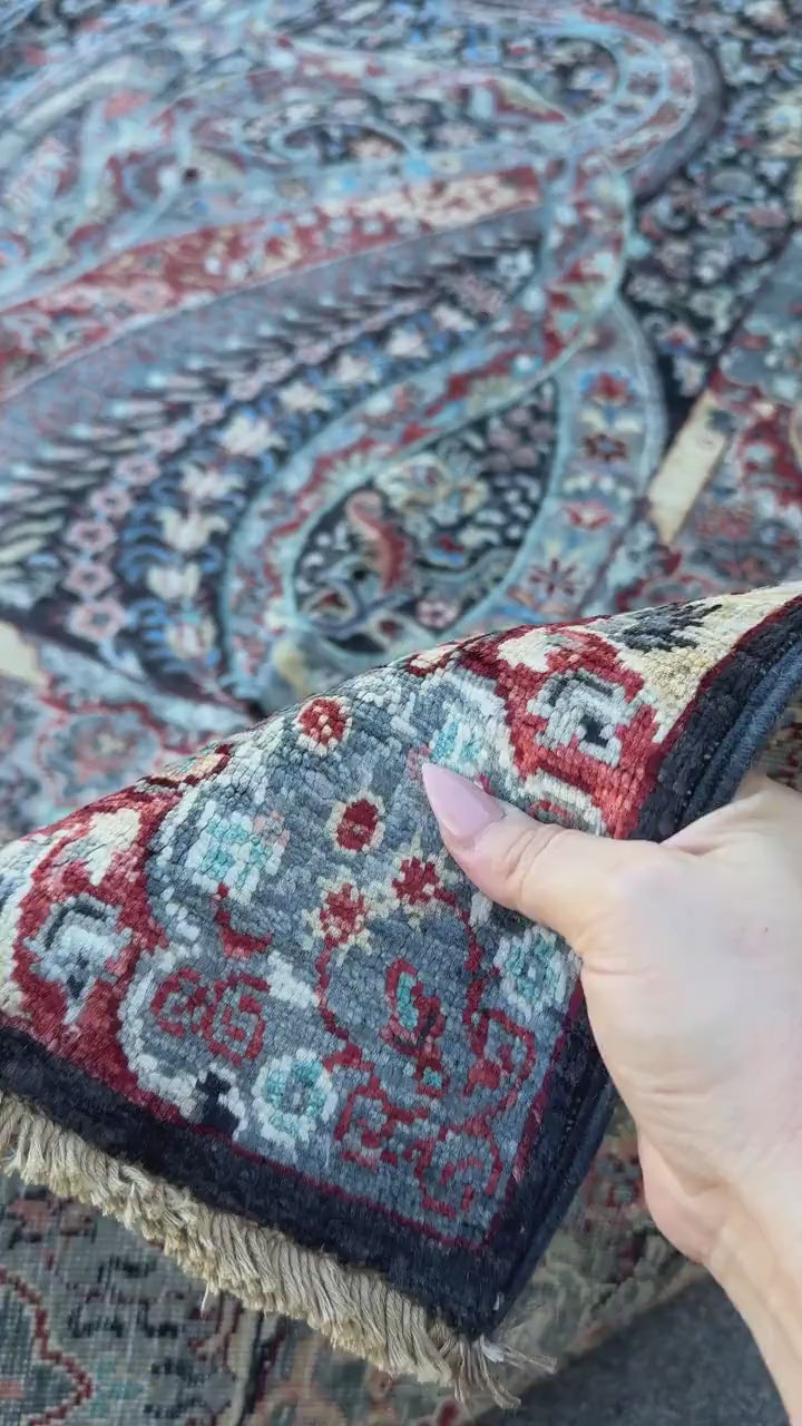 9x12 Handmade Afghan Wool Rug | Black Paisley Floral Rug | Burgundy Blue Traditional Area Rug