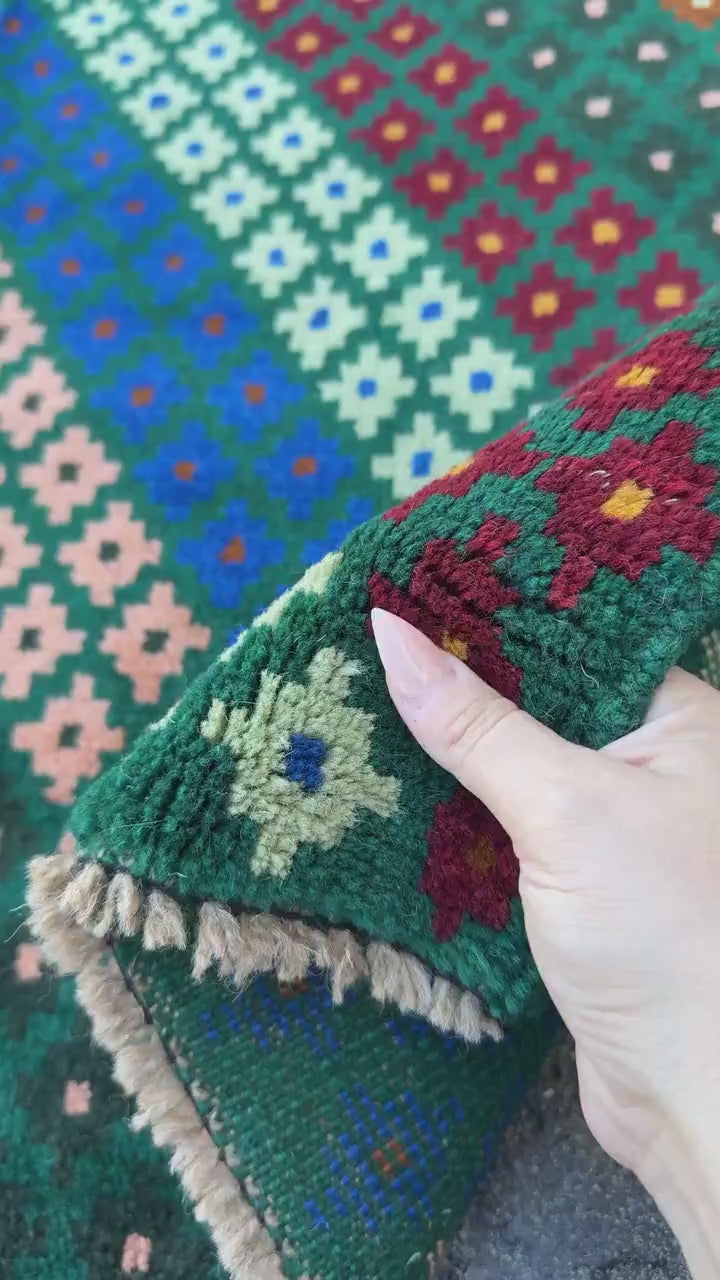 4x6 Handmade Vintage Afghan Baluch Rug | Forest Pine Mint Green Salmon Rose Pink Peach Navy Blue Copper Brown Mustard Gold Black | Wool