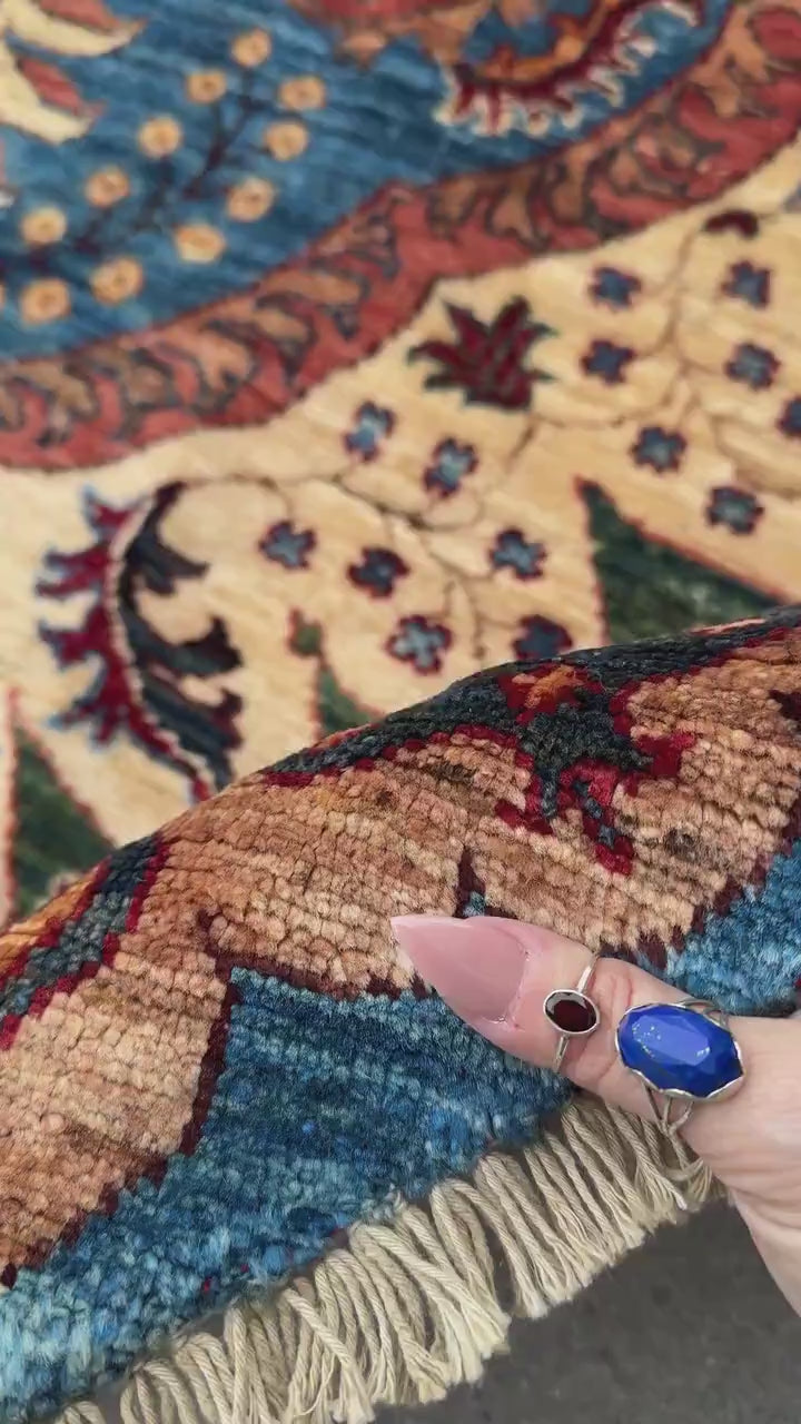 9x9 Round Handmade Afghan Wool Rug | Ornate Floral Medallion | Blue And Red Area Rug