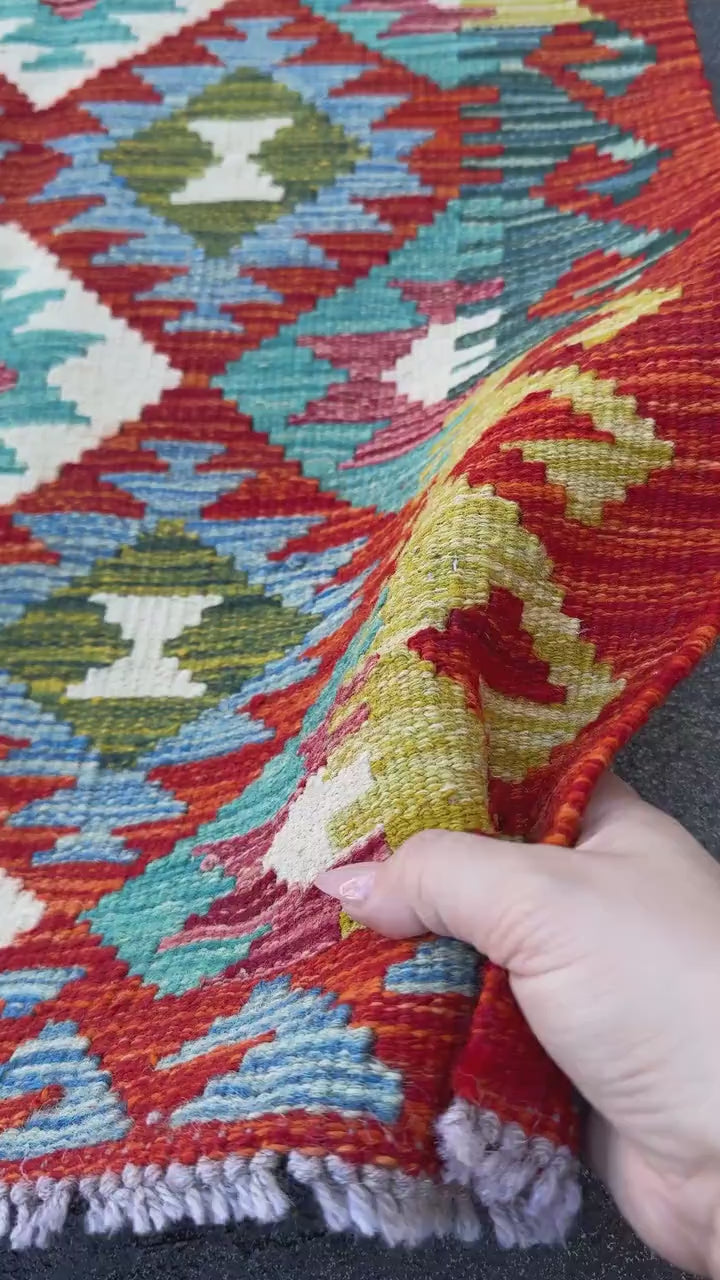 2x5 Handmade Afghan Kilim Runner Rug | Rust Red Burnt Orange Cream White Mustard Yellow Olive Green Aqua Blue Teal Pink Grey | Flatwoven