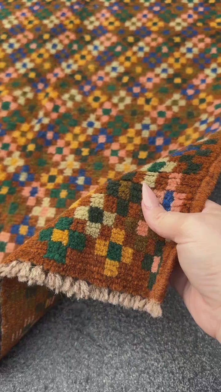 2x3 Handmade Vintage Afghan Baluch Rug | Copper Brown Peach Cream White Forest Mint Olive Pine Green Mustard Yellow Navy Blue | Wool