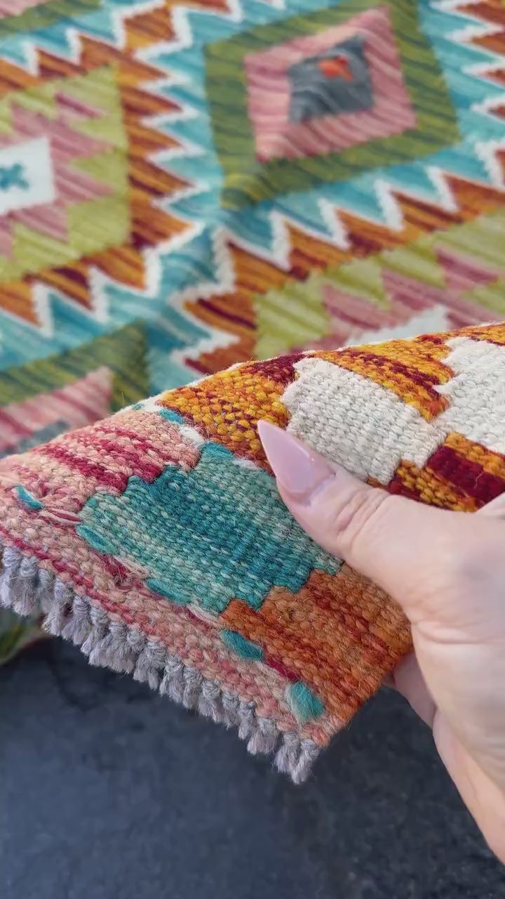 3x4 (91x121) Handmade Afghan Kilim Rug | Burnt Orange Cream White Teal Aqua Blue Forest Emerald Olive Green Brick Red Grey | Wool Flatweave