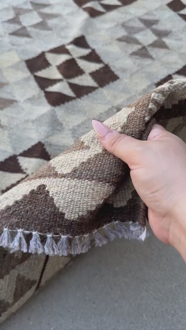 3x5 (100x180) Handmade Afghan Kilim Rug | Light Grey Gray Taupe Coffee Brown | Hand Knotted Geometric Bohemian Turkish Persian Oriental Wool