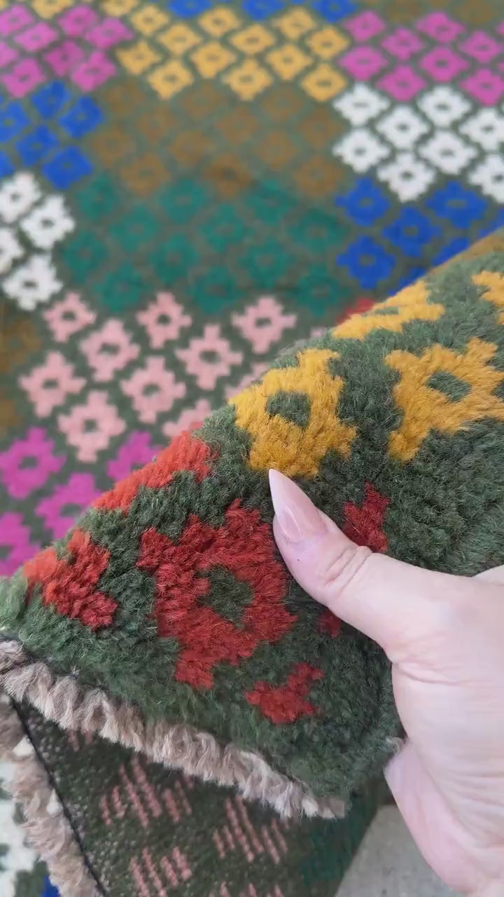4x6 Handmade Vintage Afghan Baluch Rug | Pine Forest Olive Green Salmon Rose Pink Peach White Navy Blue Mustard Yellow Gold Burnt Orange