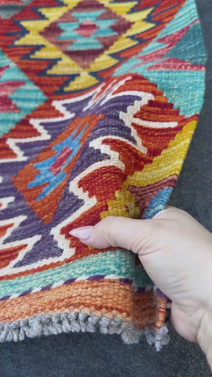 2x5 Handmade Afghan Kilim Runner Rug | Burnt Orange Teal Eggplant Purple Cream Mustard Gold Chocolate Navy Blue Olive Moss | Wool Flatwoven