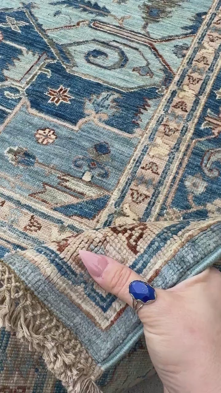 9x12 Handmade Afghan Wool Rug | Classic Medallion Design | Blue And Ivory Area Rug