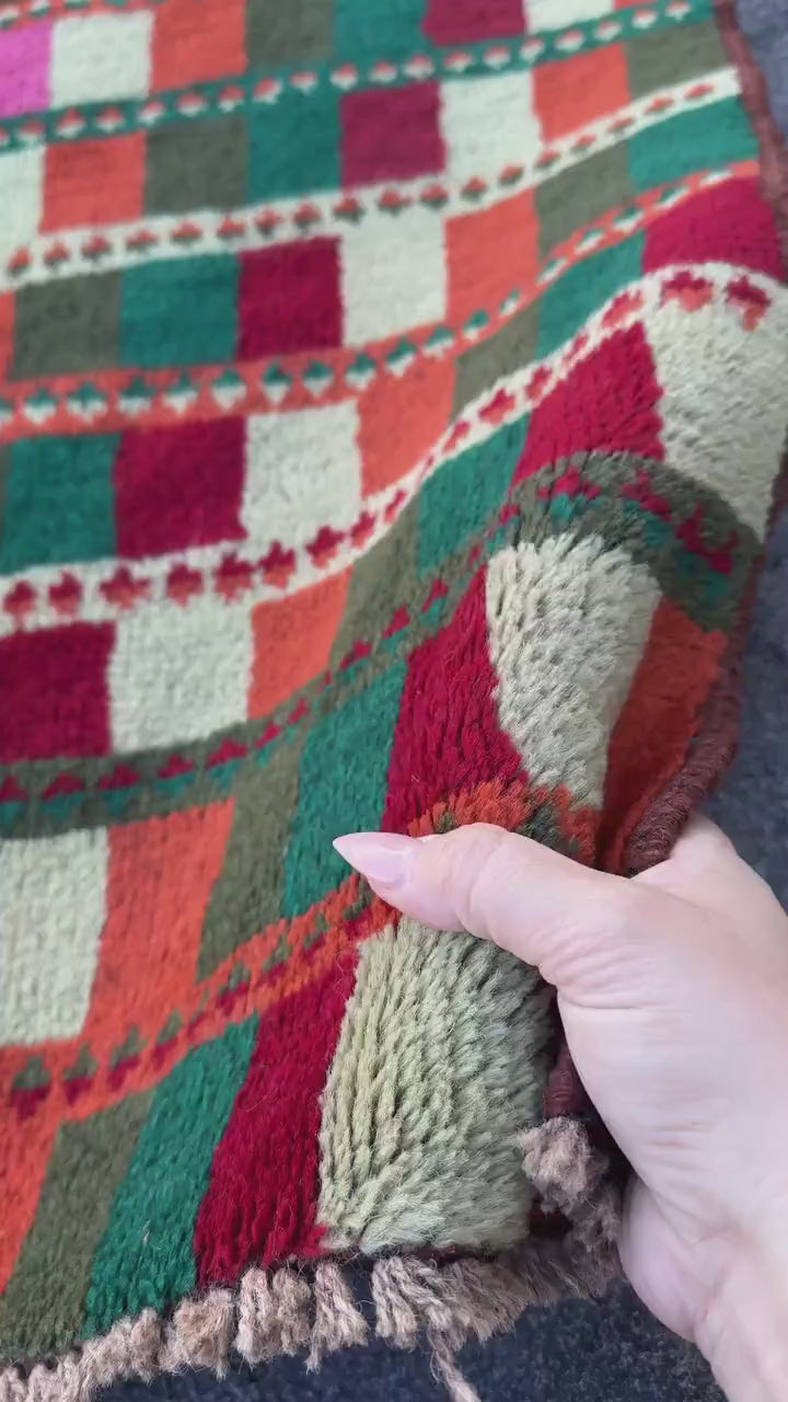 3x10 Handmade Vintage Afghan Baluch Runner Rug | Forest Pine Green Burnt Orange Brick Red Cream White Rose Pink | Wool Flatwoven