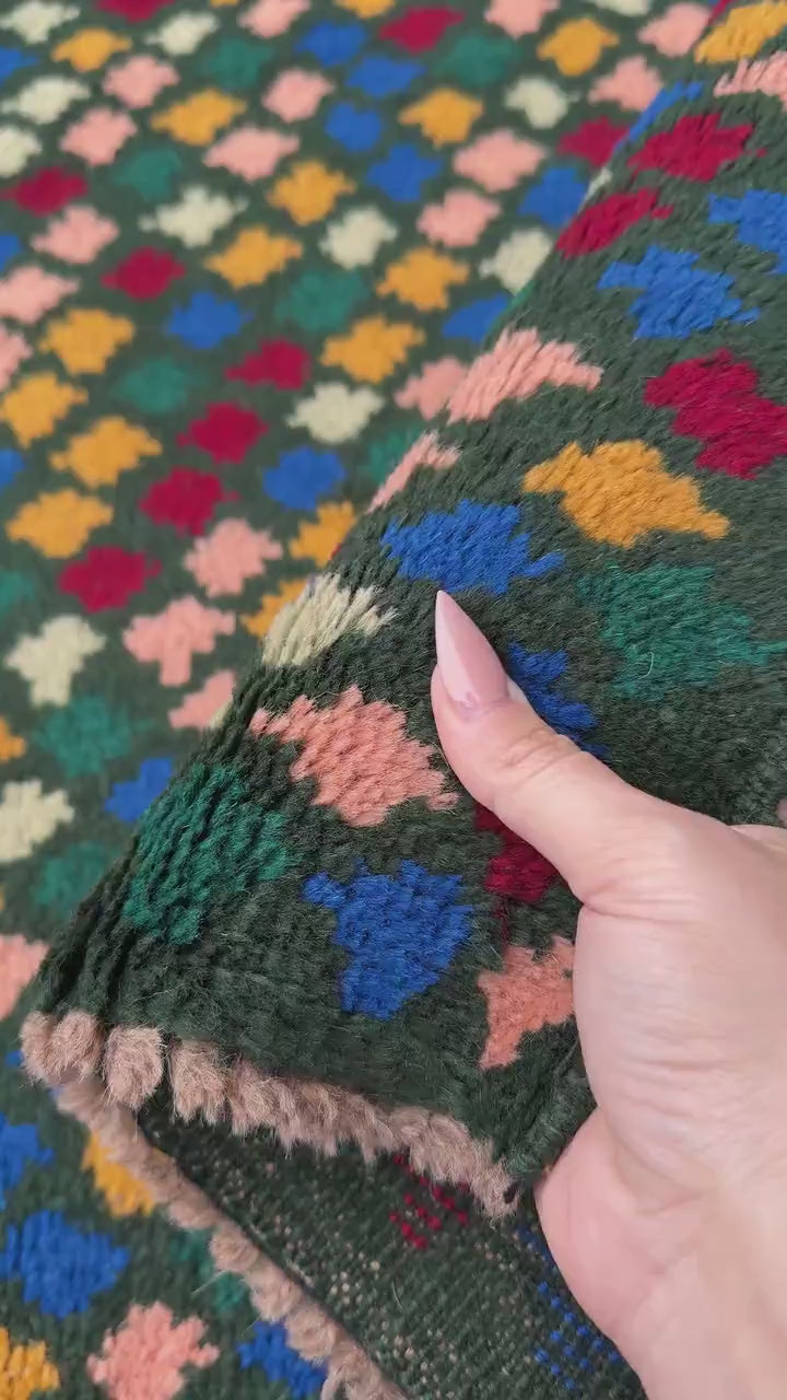 4x6 Handmade Vintage Afghan Baluch Rug | Pine Forest Mint Green Cream White Mustard Yellow Gold Navy Blue Salmon Pink Peach Brick Red | Wool