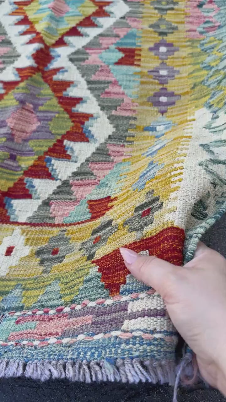 2x5 Handmade Afghan Kilim Runner Rug | Mustard Yellow Rust Red Cream White Teal Aqua Blue Olive Green Pink Purple Grey | Wool Flatwoven