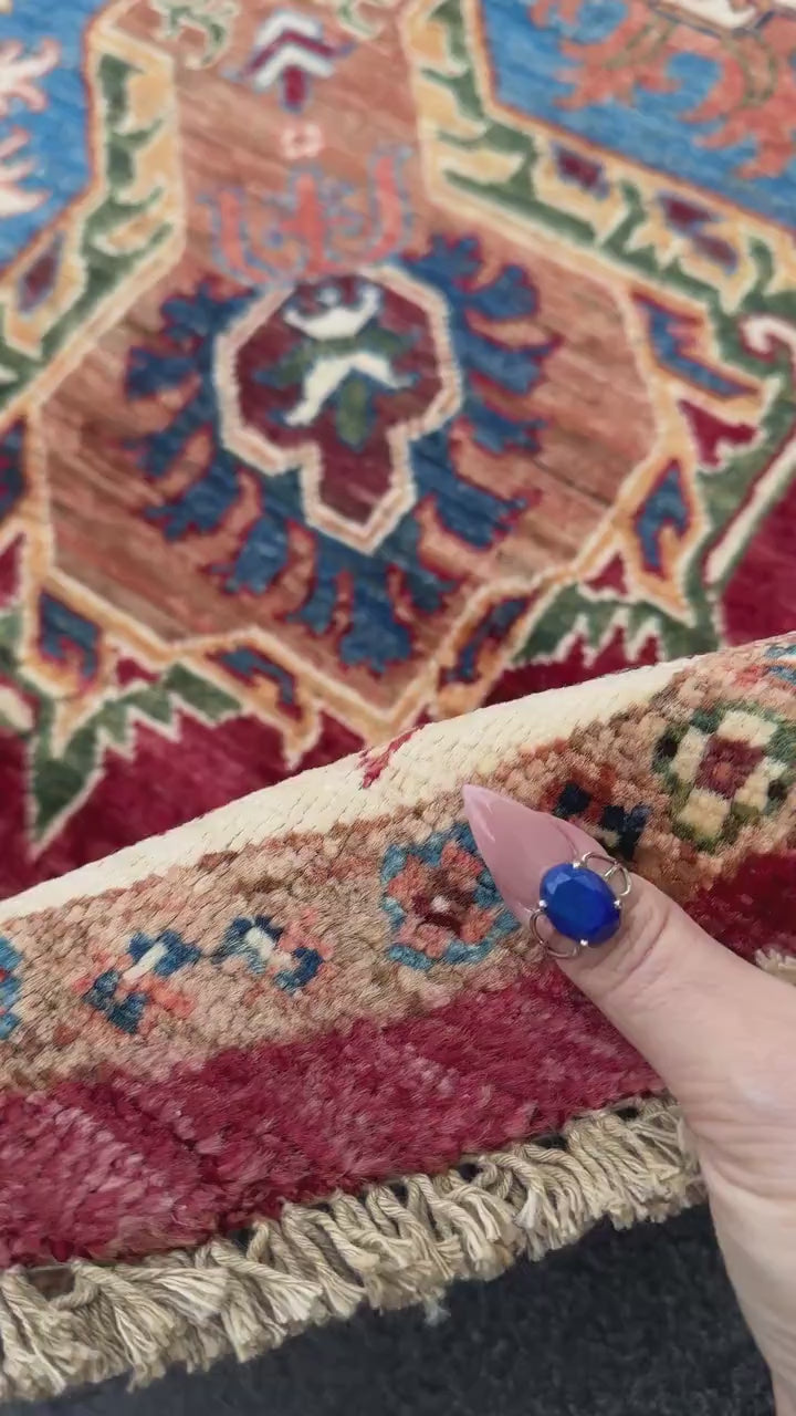 6x6 Round Handmade Afghan Wool Rug | Scalloped Medallion Design | Red And Blue Tribal Rug