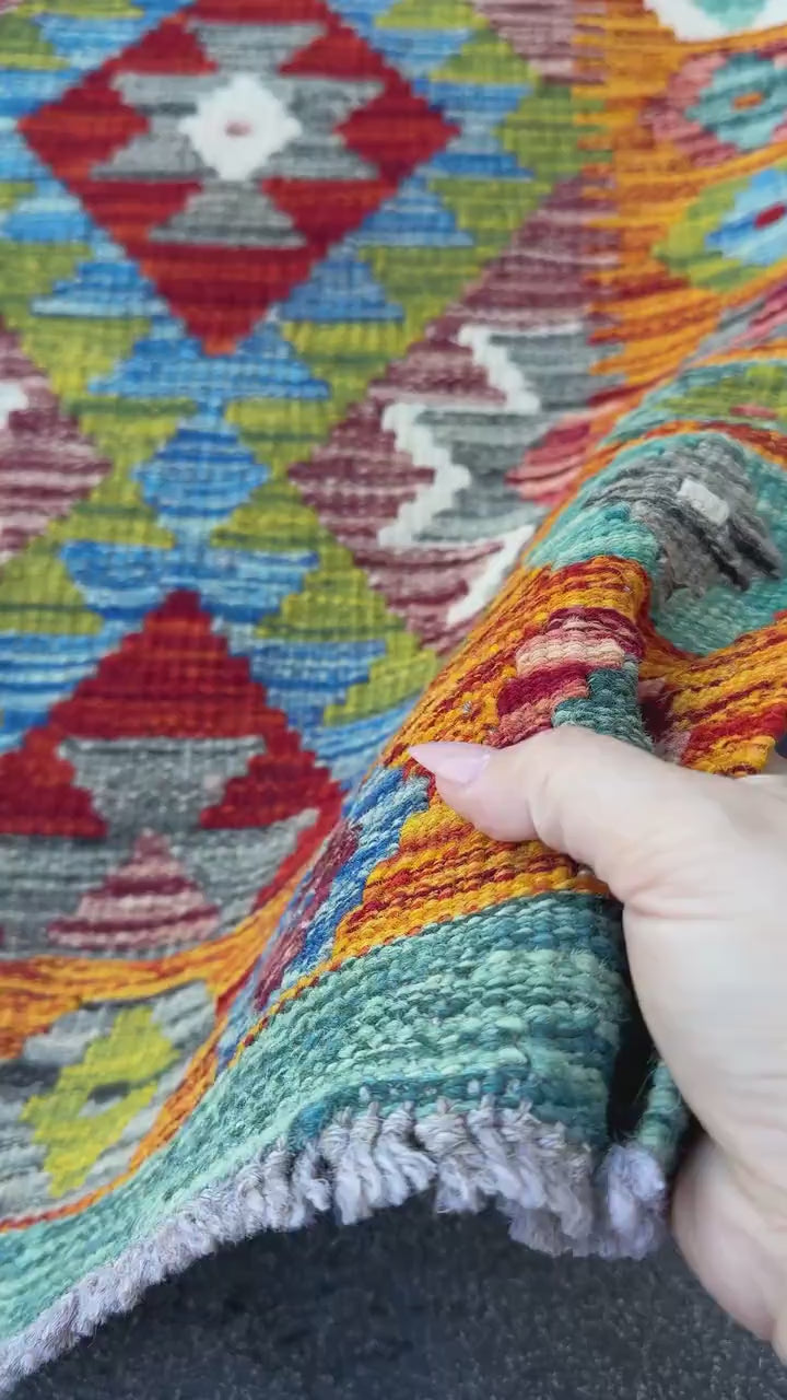 3x4 Handmade Afghan Kilim Rug | Burnt Orange Rust Red Cream White Mustard Yellow Olive Green Teal Aqua Blue Navy Grey | Wool Flatwoven