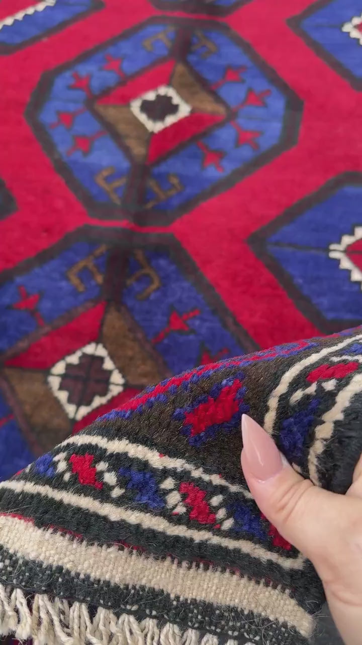 3x4-5 (91x152) Handmade Vintage Afghan Baluch Rug | Crimson Red Royal Blue Cream White Ivory Caramel Espresso Brown Black | Wool Geometric